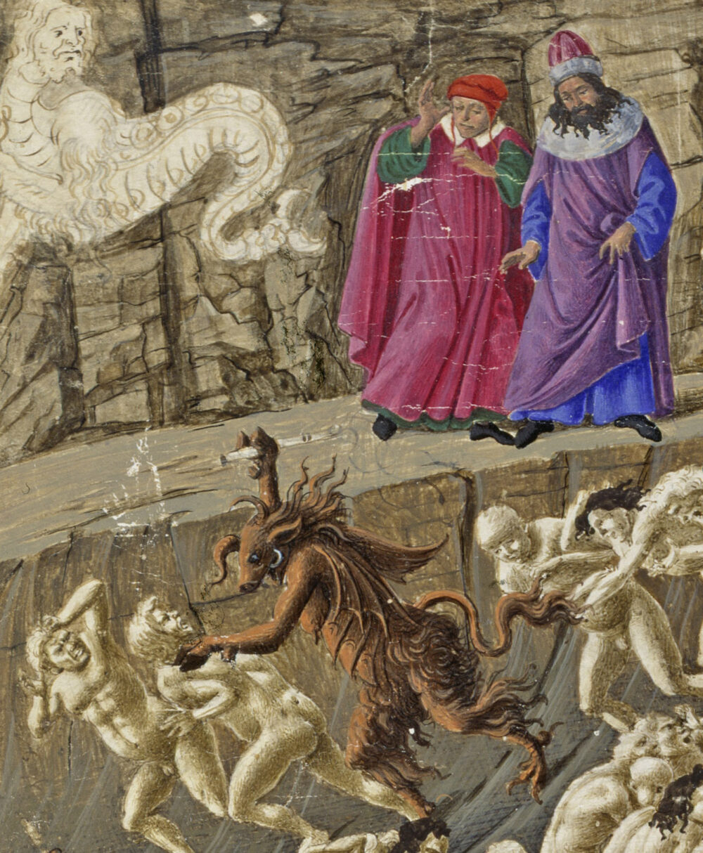 , Sandro Botticelli, La Divina Commedia (Inferno XVIII), ca. 1480–-1495, Metallstift, Feder und Pinsel auf Pergament, 32 x 47 cm (Ausschnitt)